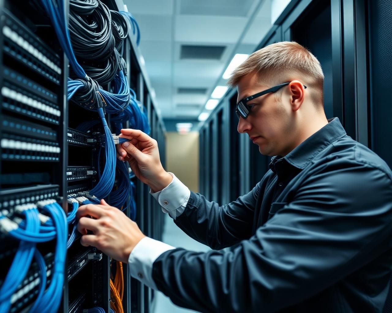 Technician terminating CAT6 network cables in a server rack for a business network installation